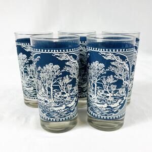 Vtg Currier & Ives Blue Frosted 5.5” Drinking Glasses Tumblers Old Grist Mill